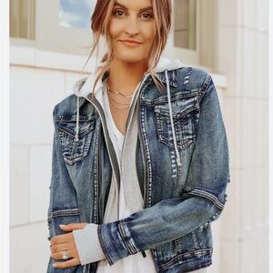 Magnolia Blue Washed Denim Jean Jacket with Hoodie Layering
